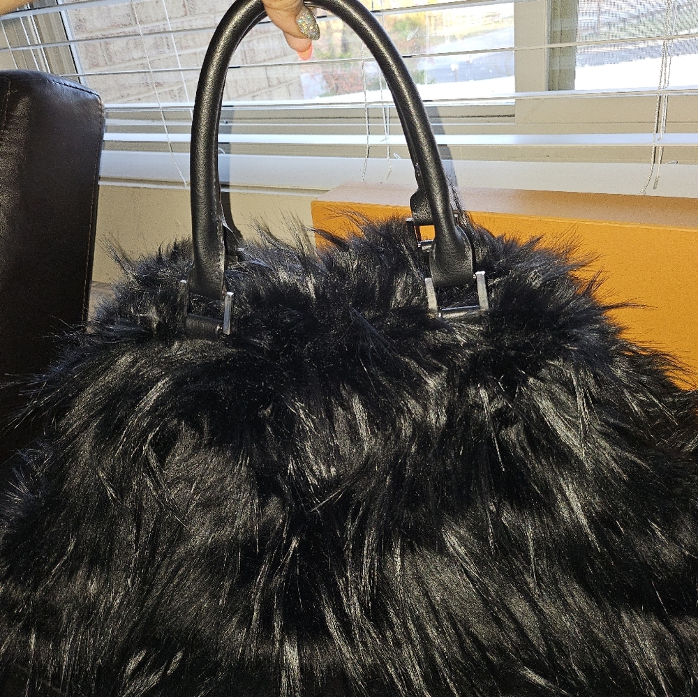 Luxurious Black Furry Tote with Smooth Handles